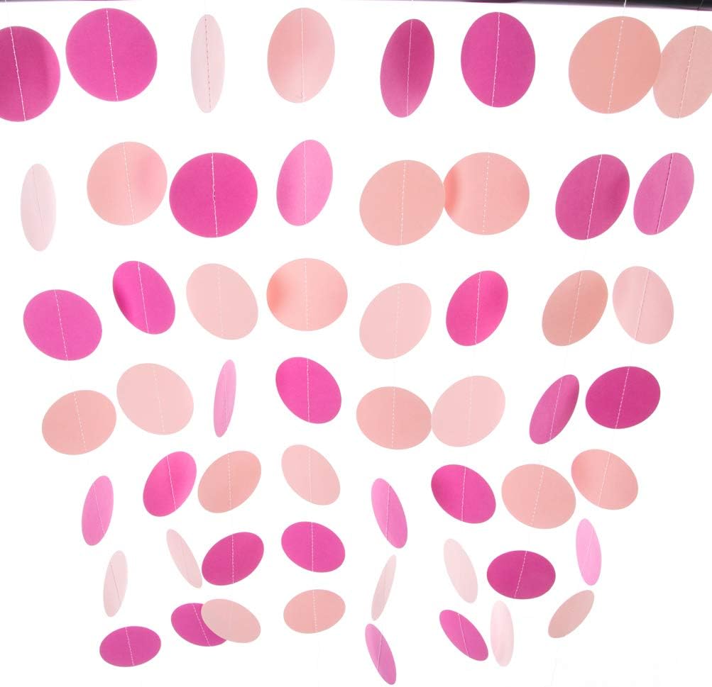 WEVEN Pink Paper Garland Circle Dots Party Garland Streamer Backdrop Hanging Decorations, 2.5" in