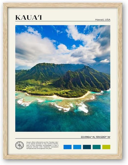 HesenDot Natural OAK Wood Framed Hawaiian Archipelago Wall Art,12x16in Kauai Quality Canvas Wall