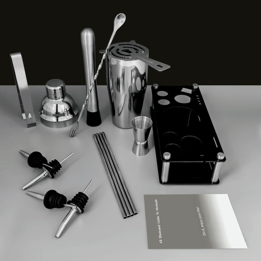 14-Piece Cocktail Shaker Set Bartender Kit with Black Stand, Bar Tool Set for Drink Mixing