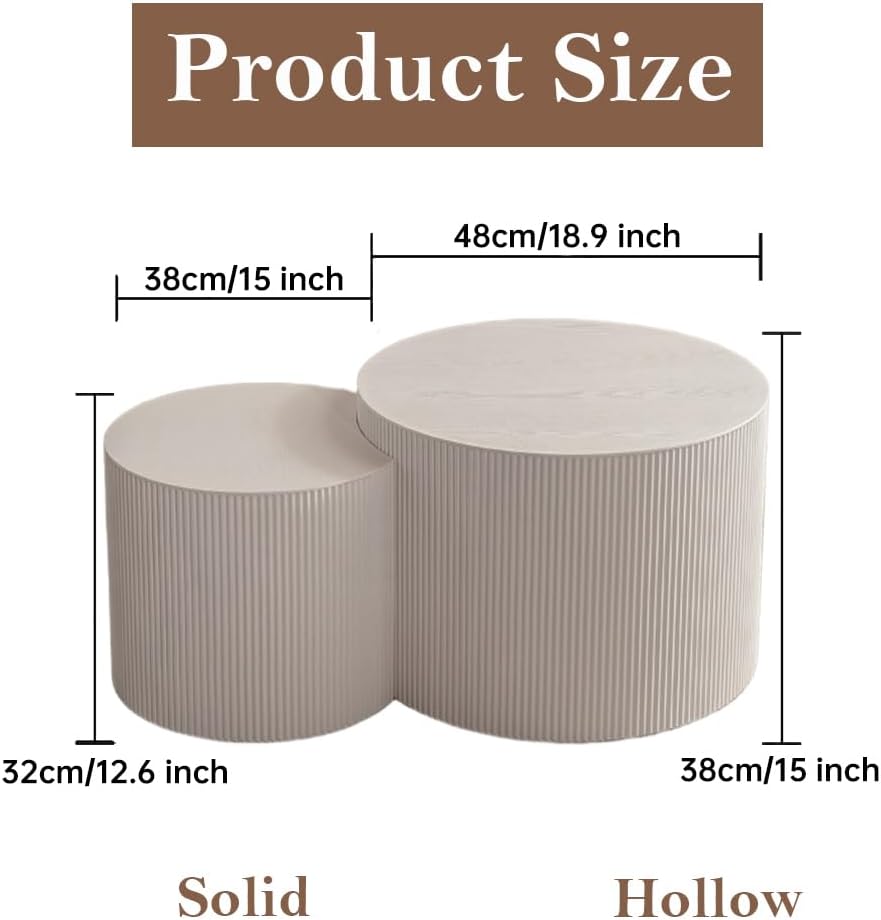 Round Nesting Coffee Table Set of 2 Modern White Fluted Coffee Table Small Round End Table Crescent
