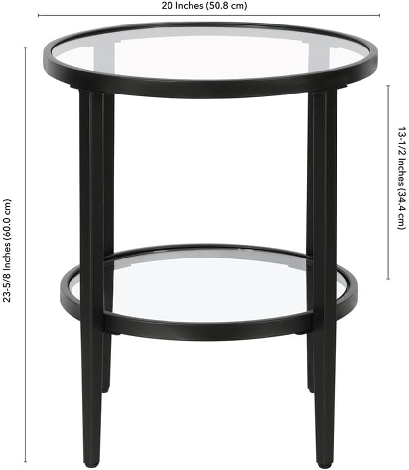 Henn&Hart 20" Wide Round Side Table with Glass Shelf in Blackened Bronze, Table for Living Room