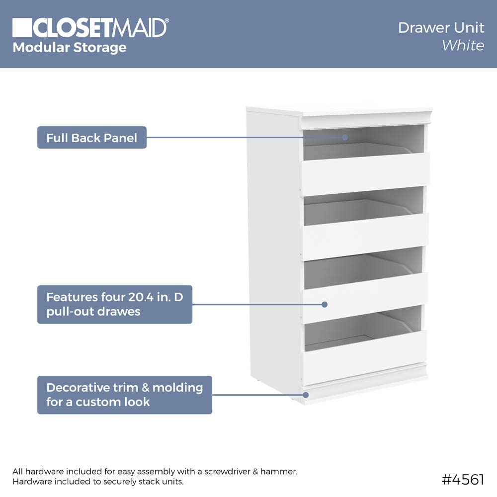 ClosetMaid Modular Storage Unit with 4 Drawers, Wood Closet Organizer, Stacking, Full Backer