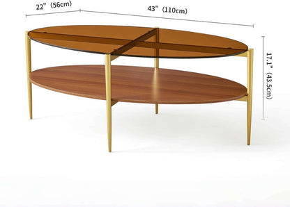 Oval Glass Coffee Table, Mid-Century Modern Design, L43 x W22 x H17 inch, 2-Tier Structure, Olive