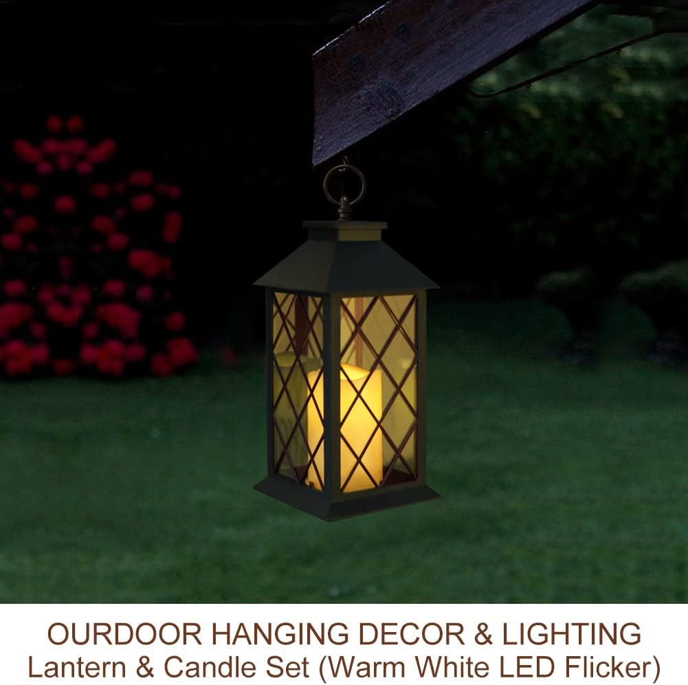Bright Zeal 13.5" Black Vintage Candle Lantern with LED Pillar Candle and Timer - IP44 Waterproof