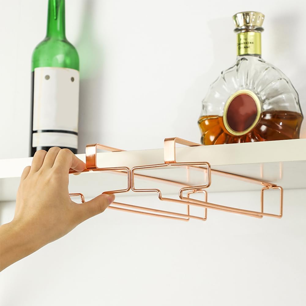 LINFIDITE 2 Pack Under Cabinet Wine Glass Rack Rose Gold Wine Glass Holder Stemware Rack Hanger