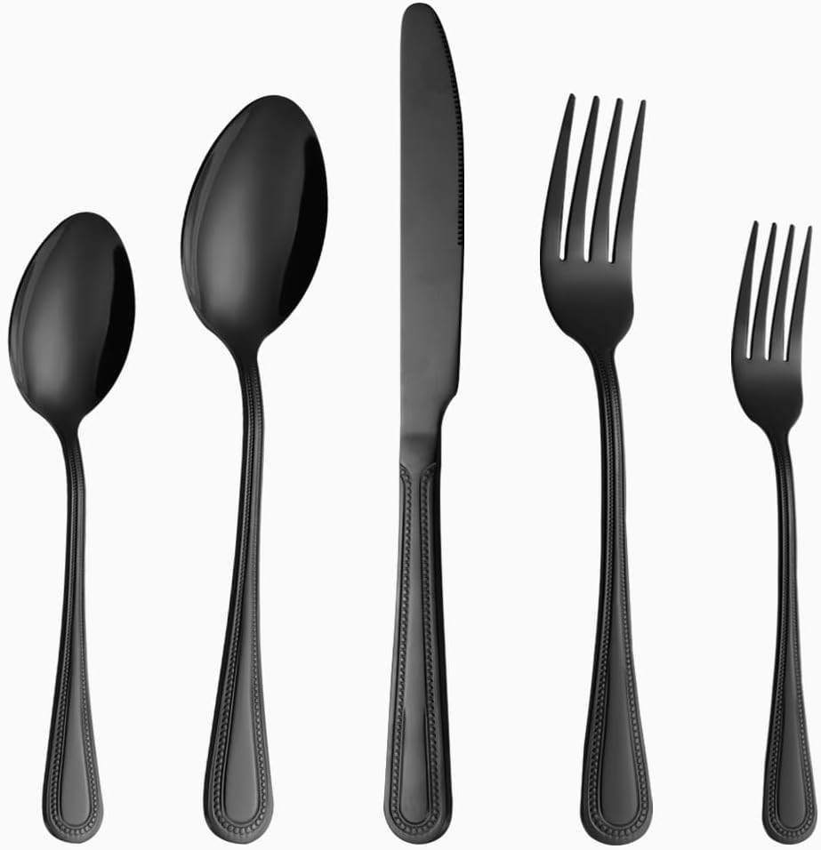 40 Pcs Black Silverware Set for 8 with Pearled Edge Handle design, Food Grade Stainless Steel