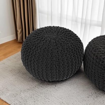 REDEARTH Round Pouf Foot Stool Ottoman - Hand Knitted Bean Bag - Cord Boho Pouffe - Cable Poof
