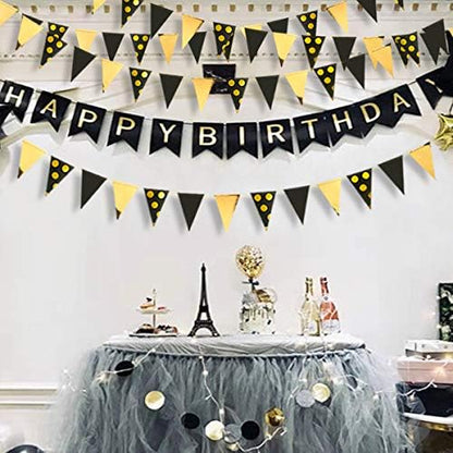 30Ft Black Gold Party Decorations Polka Dot Pennant Banner Paper Circle Dot Triangle Flags Bunting