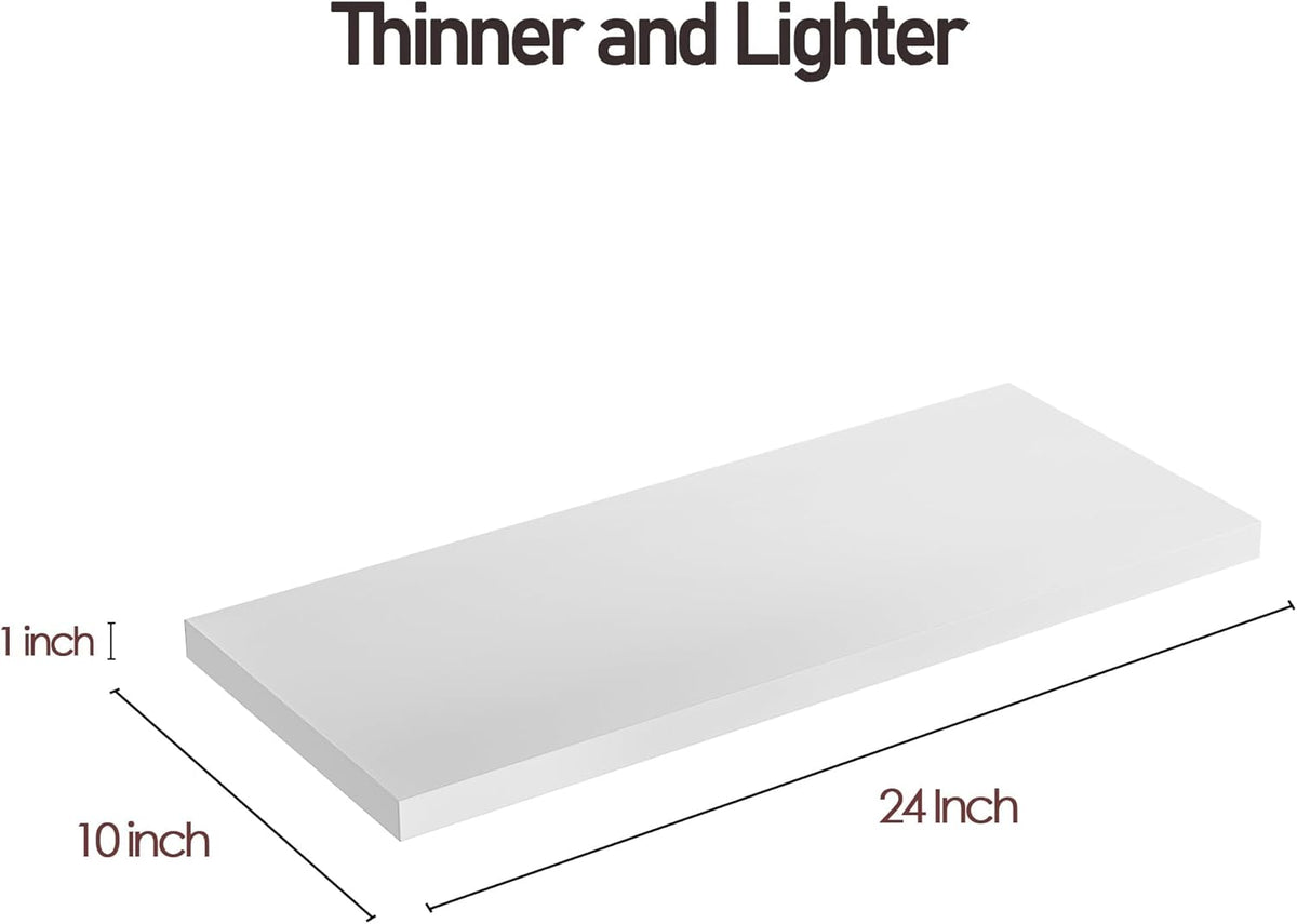 Wall Shelf Set of 2, White Floating Shelves 24 in W x 10 in D x 1 in H, Wooden Floating Wall Shelf