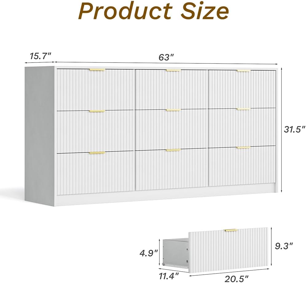 White Dresser for Bedroom, 9 Drawer Double Dresser, Modern Chest of Drawers for Bedroom, Living