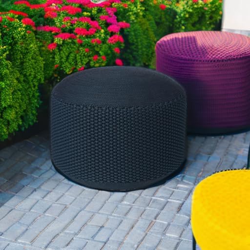 BIRDROCK HOME Outdoor Pouf Ottoman | Hand Woven Waterproof Foot Stool with Bead Bag Filling | Boho