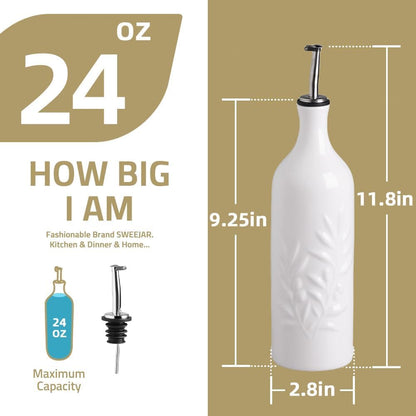 Sweejar Ceramic Olive Oil Dispenser Bottle, 24 Oz Relief Opaque Oil Cruet Protects To Reduce