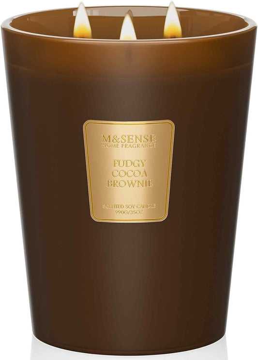 M&SENSE Fudgy Cocoa Brownie Scented Candle 35oz 150H Burn Time Long Lasting, 3-Wick Natural