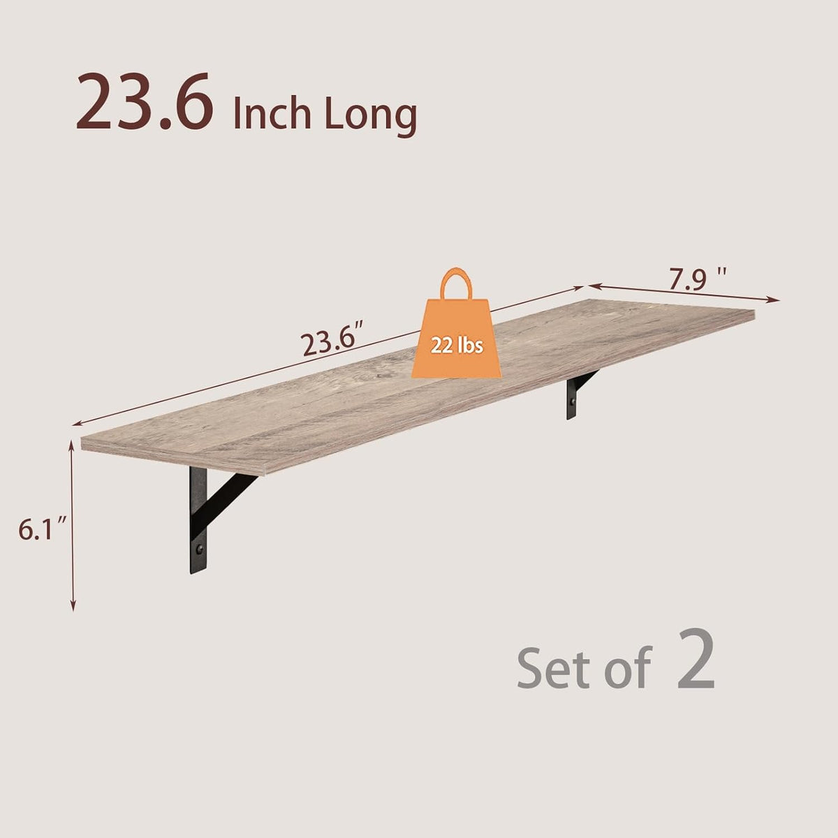 DINZI LVJ Wall Shelves, 23.6 x 7.9 x 6.1 Inch Floating Shelves for Wall, Set of 2, Easy-to-Install