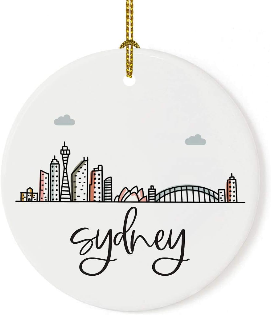 Andaz Press Round Ceramic Porcelain Christmas Tree Ornament Keepsake Gift, Sydney, Colorful