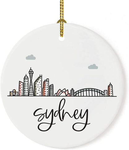 Andaz Press Round Ceramic Porcelain Christmas Tree Ornament Keepsake Gift, Sydney, Colorful