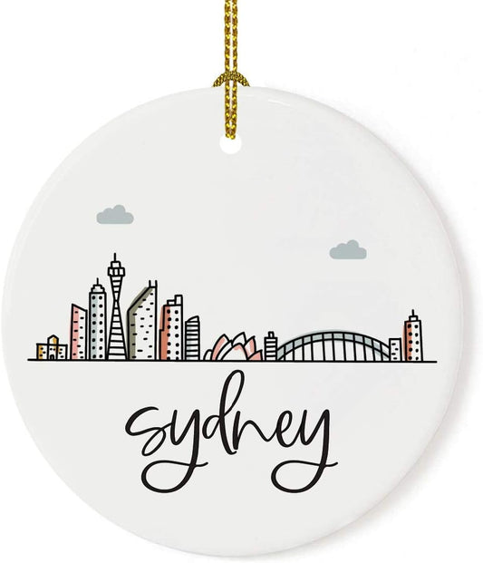 Andaz Press Round Ceramic Porcelain Christmas Tree Ornament Keepsake Gift, Sydney, Colorful