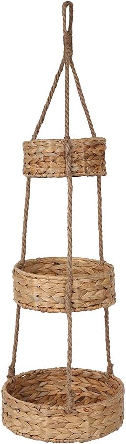 KINGWILLOW 3 Tier Hanging Fruit Basket, Handmade Natural Water Hyacinth Wall Vegetable Storage