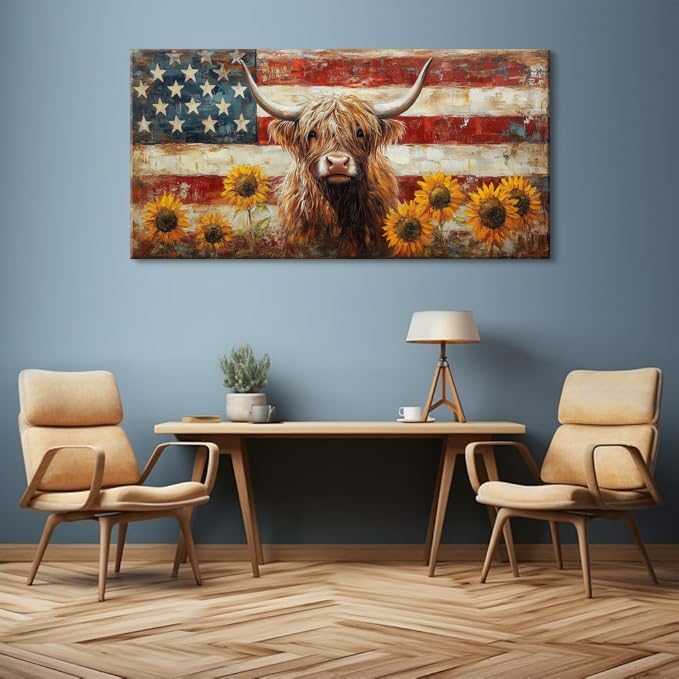 LASMOND Country Highland Cow Wall Art for Living Room Rustic Retro Vintage American Flag Sunflower