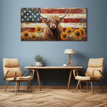 LASMOND Country Highland Cow Wall Art for Living Room Rustic Retro Vintage American Flag Sunflower