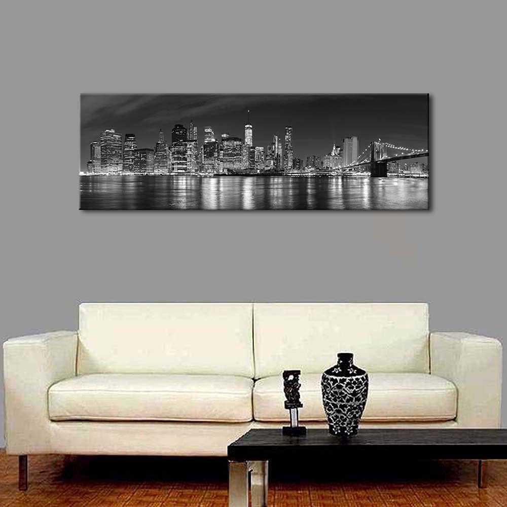 Wieco Art New York Manhattan Night View in Black and White Giclee Canvas Prints Modern Stretched