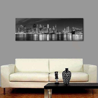 Wieco Art New York Manhattan Night View in Black and White Giclee Canvas Prints Modern Stretched