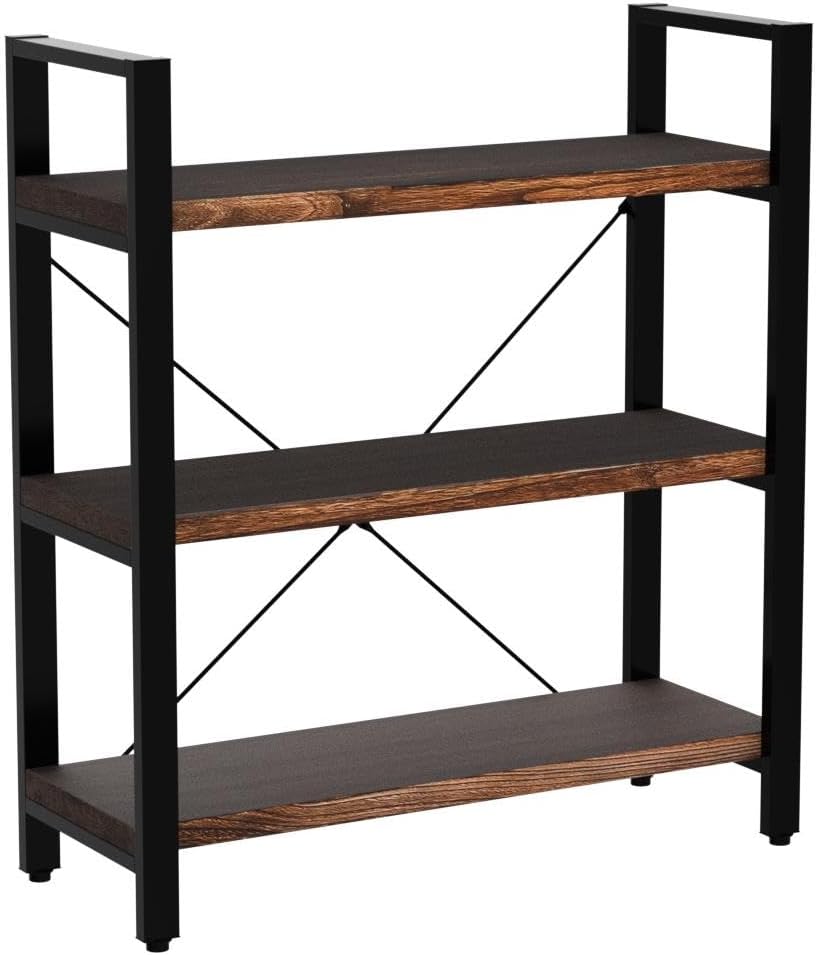 Natural Real Solid Wood Bookcase,3 Tier Metal and Wood Open Book Shelf Storage Farmhouse Wide