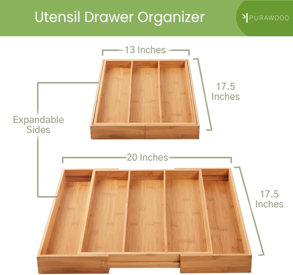 Bamboo Drawer Organizer, 2 Pack - Expandable Silverware Organizer & Utensil Drawer Organizer