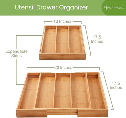 Bamboo Drawer Organizer, 2 Pack - Expandable Silverware Organizer & Utensil Drawer Organizer