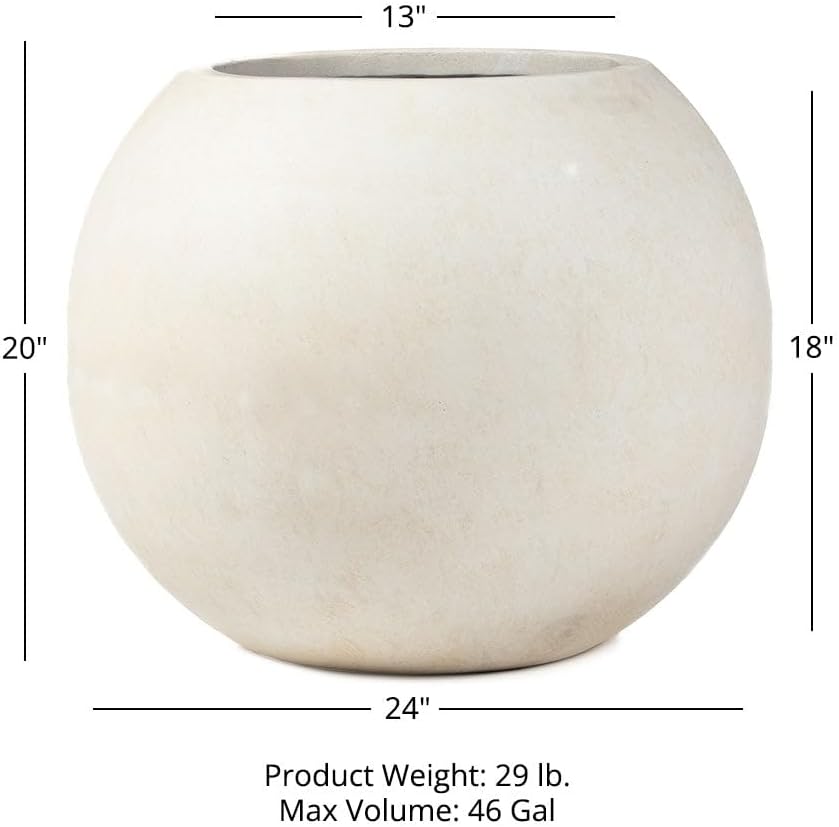 Ash & Ember Onyx 24" D Ceramic Indoor Outdoor Round Sphere Planter, Satin Ivory, Home Décor