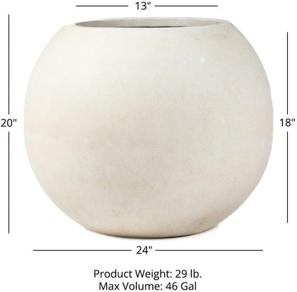 Ash & Ember Onyx 24" D Ceramic Indoor Outdoor Round Sphere Planter, Satin Ivory, Home Décor