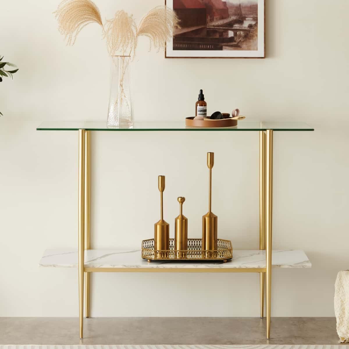 Glass Console Table for Living Room, Foyer & Entrance, 2-Tiers Mid-Century Modern Sofa Table with