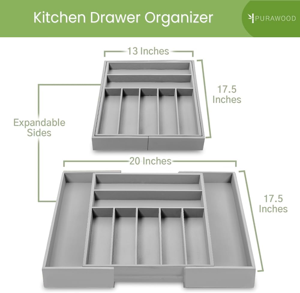 Purawood Bamboo Drawer Organizer - Expandable Silverware Organizer & Utensil Organizer, Cutlery