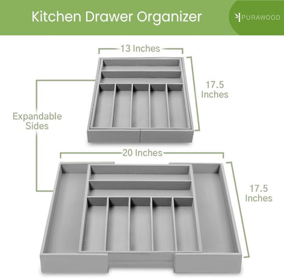 Purawood Bamboo Drawer Organizer - Expandable Silverware Organizer & Utensil Organizer, Cutlery