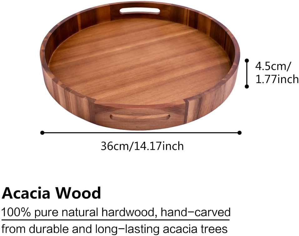 Large Round Wood Serving Tray, Wooden Trays with Handles for Ottoman Table, Vintage Acacia Tray