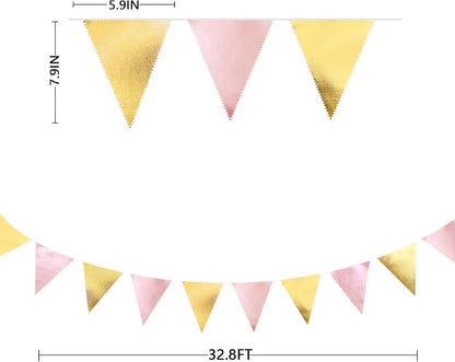 Pink Gold Party Decoration Metallic Fabric Light Pink Gold Triangle Pennant Banner Flag Bunting