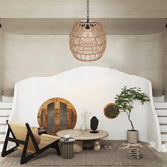 Livinlarge Boho Pendant Solar Light Rustic Hand-Woven Rattan Chandelier Coastal Retro Lamp Wedding