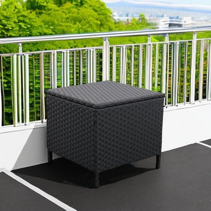 Outdoor Wicker Storage Side Table, Patio Black PE Rattan End Table with Storage, Square Container
