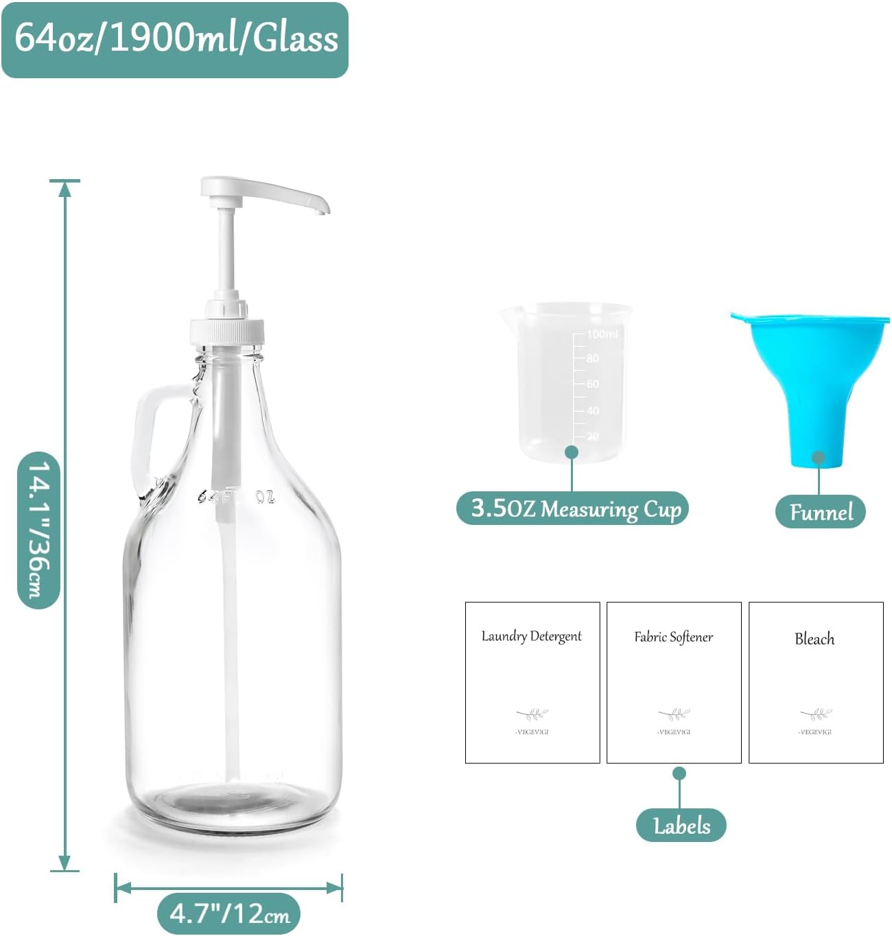 Glass Laundry Detergent Dispenser with Pump, 64OZ Liquid Laundry Soap Dispenser, Fabric Softener