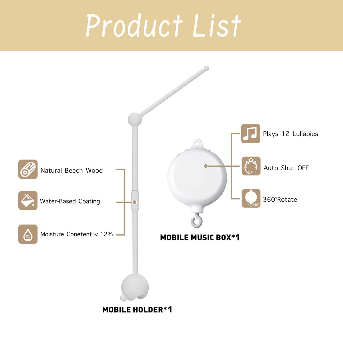 Crib Mobile Arm with Music Box,32.5 Inch White Crib Mobile Stand,Wooden Mobile Arm for Crib (2