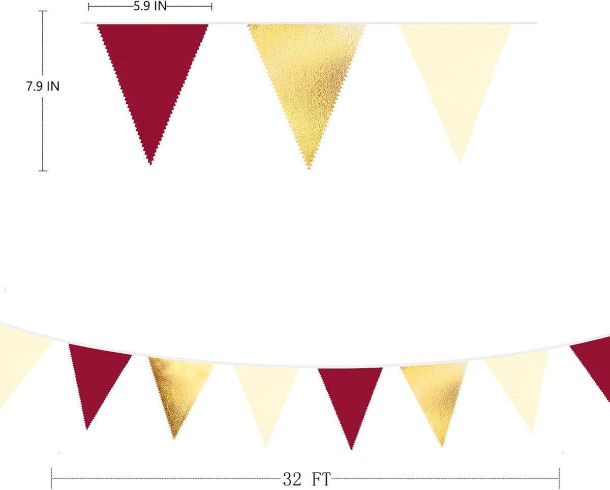 Burgundy Party Decorations Gold Maroon Beige Fabric Triangle Pennant Banner Garnet Flag Bunting