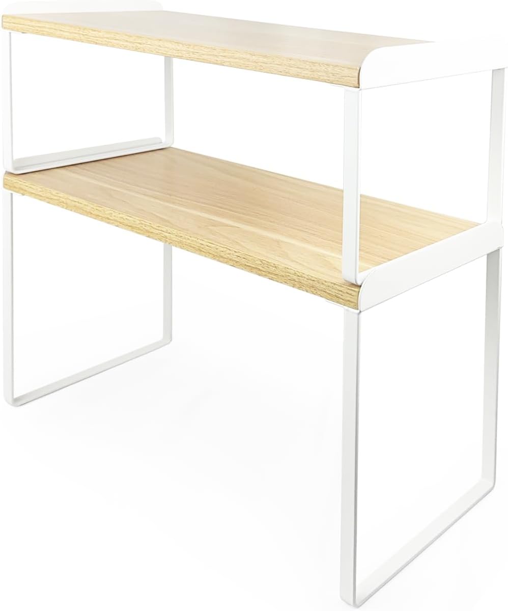 Mitus Shelf Organizer and Storage, Stackable Tiered Wood Cabinet Rack for Countertops, Desktops