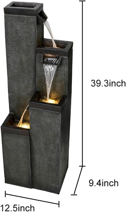 Modern Floor-Standing Water Fountain 39.3” High, Indoor Outdoor Water Fountain with Lights for