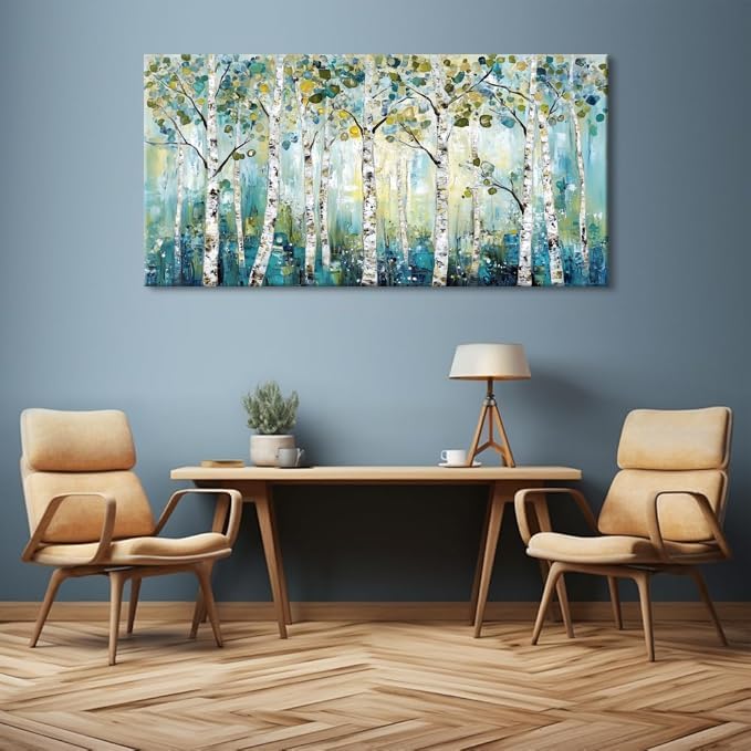 LASMOND Abstract Teal Grove Canvas Paintings Prints Modern Tree Wood Artwork Decor Wall Art for