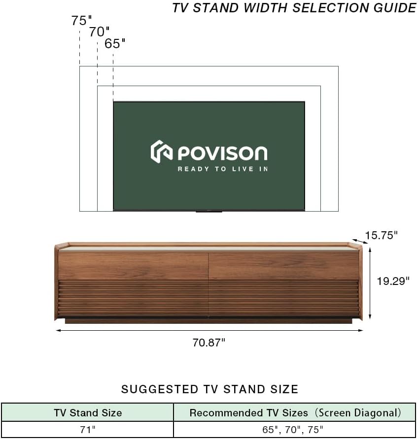 POVISON Fully-Assembled Mid Century Matte Sintered Stone TV Stand, 70.87" Wood Media Console with