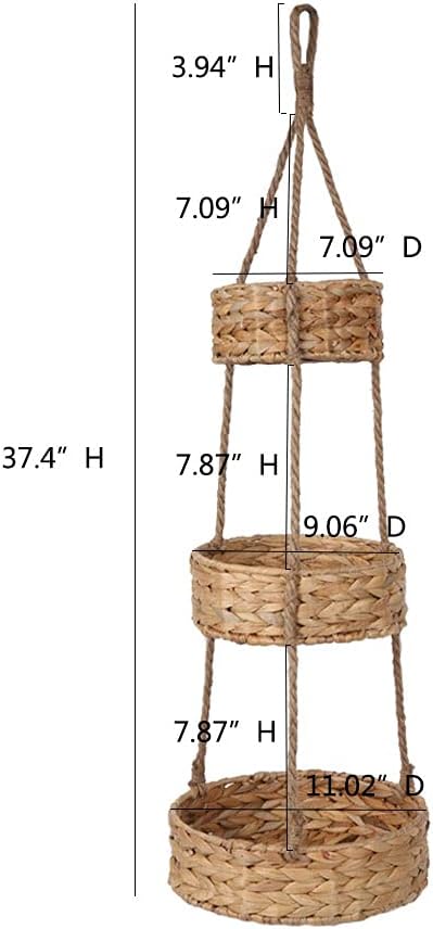KINGWILLOW 3 Tier Hanging Fruit Basket, Handmade Natural Water Hyacinth Wall Vegetable Storage