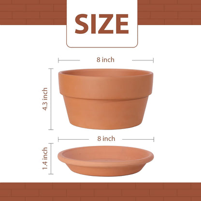 INGOFIN 8 Inch Terracotta Shallow Pots Set with Saucer - Ceramic Clay Pots with Drainage Hole