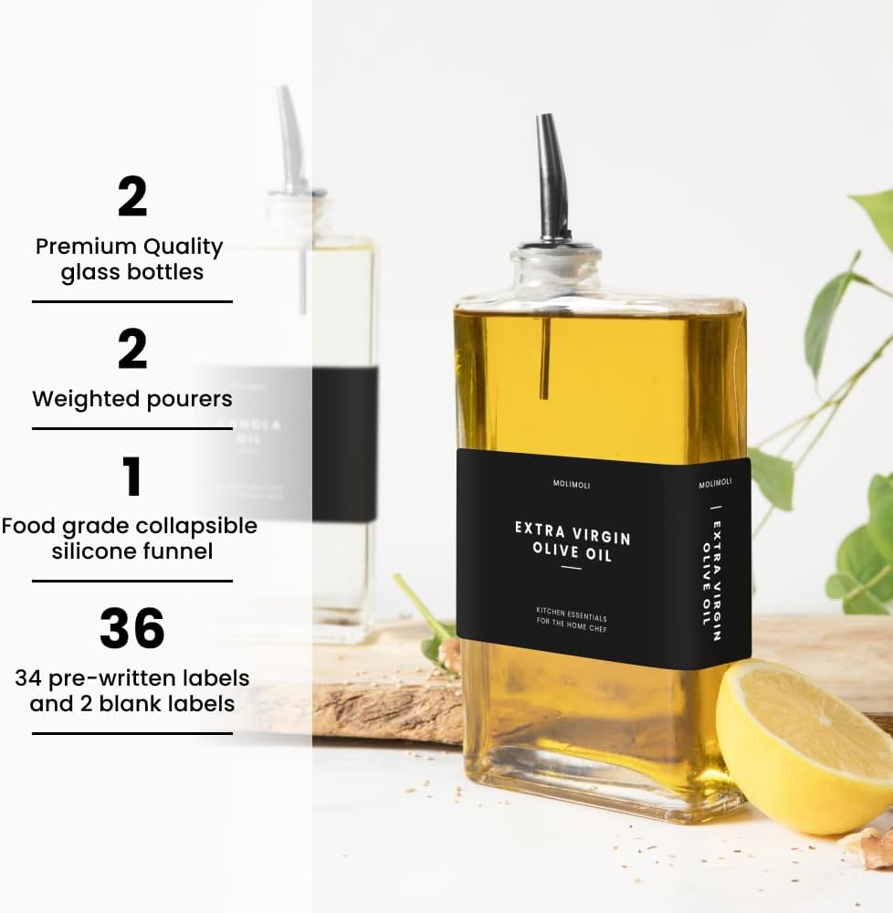 Molimoli Olive Oil Dispenser Bottle for Kitchen, Automatic Pourer, Glass Thin Bottle Dispenser for
