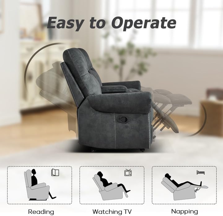 EBELLO Manual Recliner 3 Seat Sofa Couch, Soft Fabric 3 Seater Reclining Couch Chair, Vintage Rivet