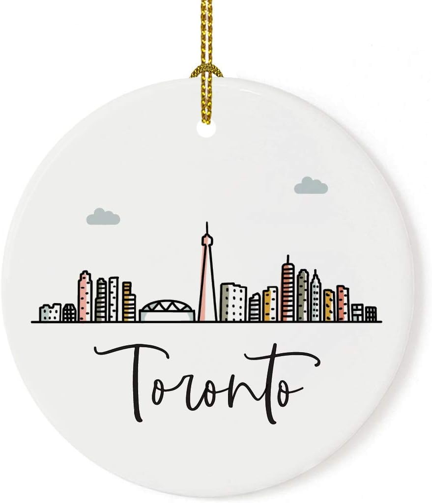 Andaz Press Round Ceramic Porcelain Christmas Tree Ornament Keepsake Gift, Toronto, Colorful